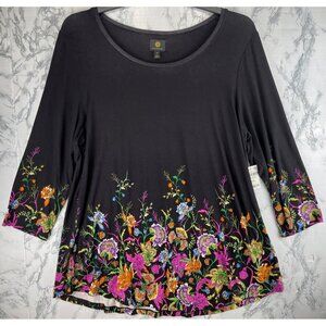 JM Collection Womens 2X Black Floral Print Long Sleeve Top multicolored 3/4 slee